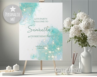 Personalised 18th 21st 30th 40th 50th Birthday Welcome Sign, Table Sign, Easel Sign, Party Sign, watercolour gold Custom Sign, Wedding Decor