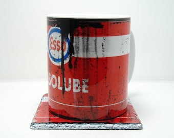 Retro distressed oil can effect mug and coaster set, gift for him, gift for dad, grandad, husband, mechanic, mug and coaster set, gift set