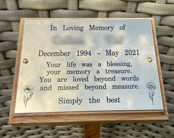 Engraved Wooden Memorial Stake, Brushed Metal Effect Plaque, wooden memorial stake, tree marker, grave marker,