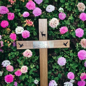Wooden Memorial cross with plaque and engraving or wood engraving cemetery cross, grave cross, wooden cross, memorial cross
