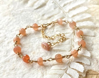 Peach Moonstone Bracelet, 14ct Gold Filled Wire Wrapped, Adjustable Length 6 inches +, Handmade Summer Bridal Jewellery AA+ Grade Gemstone,