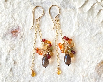 Smoky Quartz Briolette and Multi Gemstone Earrings. Citrine, Garnet, Tourmaline and Spinel Cluster with 14ct Gold Fill. Handmade.