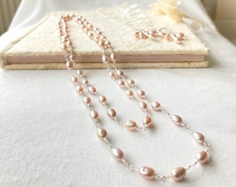 Pearl and White Topaz Station Long Necklace 41 Inches. Rose Pink Freshwater Rice Pearl. Flapper Style. Handmade Wire Wrapped Gift