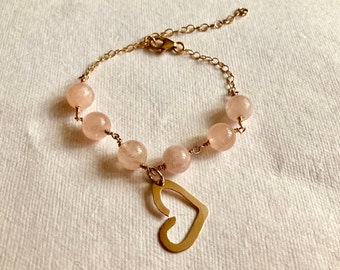 Morganite Bracelet with 14ct Gold Filled Heart Charm, Wire Wrapped Beads, Adjustable, Summer Wedding, Bridal, Pink and Peach Theme