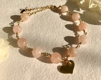 Gold Morganite Bracelet With Heart For Summer Wedding Wire Wrapped Pink Beads 14ct Gold Filled Handmade Bridal Jewellery Feminine Adjustable