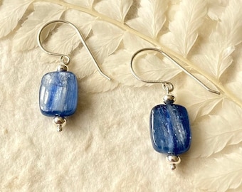 Kyanite Earrings. Denim Blue Drop Earrings. 3cm Long. Smooth Rectangle Gemstones  and Sterling Silver Beads. Handmade