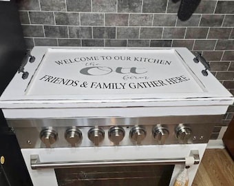 Distressed White stove Top Cover/wood tray/noodle board/gas stovetop cover/wood cooktop cover/kitchen tray/personalized