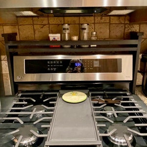 Over stove shelf, oven spice rack with rail, bathroom vanity shelf