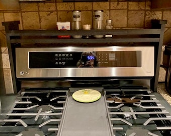 Over stove shelf, oven spice rack with rail, bathroom vanity shelf