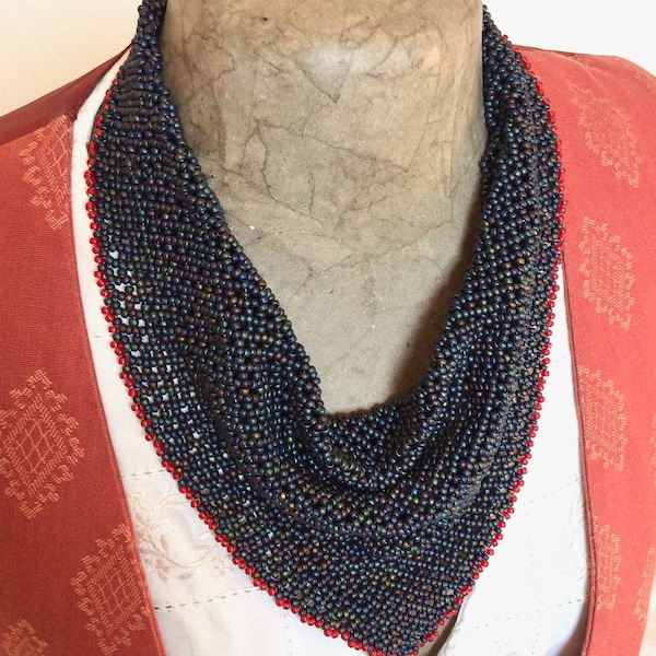 Blue Bead Kerchief with Red edging