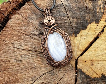Copper wire-wrapped Blue Laced Agate Pendant