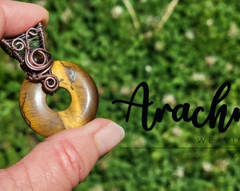 Copper Wire Wrapped Tigers Eye Donut Pendant