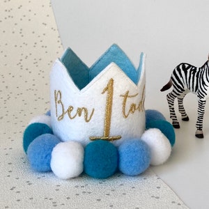 Personalised embroidered mini crown - felt crown - pom poms - first birthday - boy - girl - party outfit - cake smash - machine embroidery