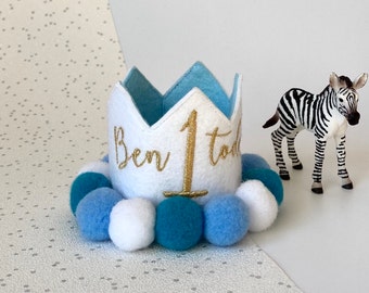 Personalised embroidered mini crown - felt crown - pom poms - first birthday - boy - girl - party outfit - cake smash - machine embroidery