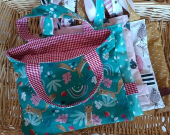 Lined carrier bag for children, children's tote bag, mini tote bag, fabric carrier bag, children's gifts, cute bag, kids book bag.