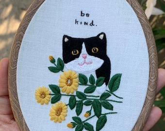 Cat daisy hand embroidery pattern - PDF - Instant download