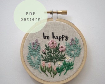 Be happy hand embroidery pattern - PDF - Instant download