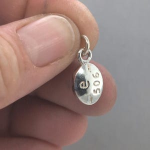 Puede incluir: Un pequeño dije plateado con un lazo en la parte superior. El dije, de forma ovalada, tiene grabadas las letras "e" y el número "506". El dije se sostiene entre los dedos.