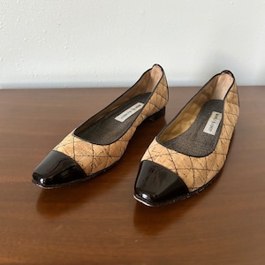 MANOLO BLAHNIK Giunglaca Quilted Cork Ballet Flats with Patent Leather Cap Toe - EU 39