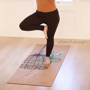 Release, Hand Painted Cork Yoga Mat, Yoga Mat, sustainable yoga mat, bird cage, bird design yoga mat, nontoxic yoga mat, yoga mat design