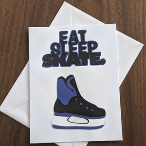 Carte de voeux vierge Eat Sleep Skate Hockey Skate, Carte rose de patin de hockey, Carte de patinage artistique, Carte d'entraîneur de hockey, Décoration de fête de hockey, Feuilles d'érable
