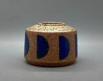 Handmade Ceramic Speckled White Vase with Blue Half Moons, Short Cylinder Vase, Living Room Vase, Hand Painted Patterned Vase