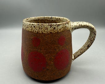 Modern Rustic Pottery Mug – Handmade Speckled White Stoneware Mug with Red Dots