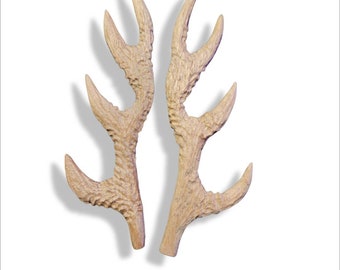 4" unfinished  textured wooden cuckoo clock antler set of 2. Will stain to order. Made from hickory wood for strength and detail.
