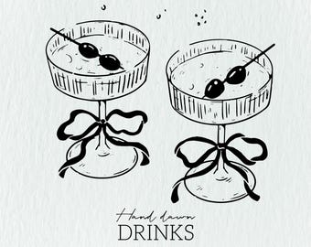 Drinks SVG Bundle, Ribbon SVG, martini svg, cute wedding SVG, Hand Drawn drinks Clip Art, whimsical Illustrations, Coquette Drinks Svg Png