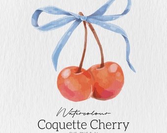 Watercolor Coquette cherry bow Clipart, Cute Coquette Clipart,Blue Coquette Bow PNG, Trendy Shirt Design, Coquette Design