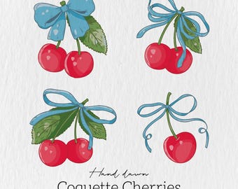 Watercolor Coquette cherry bow Clipart, Cute Coquette Clipart,Blue Coquette Bow PNG, Coquette Design