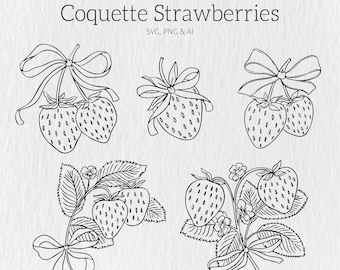 Ribbon Bow SVG Bundle, strawberry SVG, Bow svg png, strawberry svg, Bow Tie SVG, Hand Drawn, Illustrations, Coquette Bows Svg Png