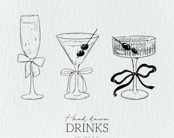 Drinks SVG Bundle, Ribbon SVG, martini svg, cute wedding SVG, Hand Drawn drinks Clip Art, whimsical Illustrations, Coquette Drinks Svg Png