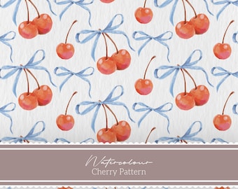 Watercolor Coquette cherry bow pattern, Cute Coquette pattern,Blue Coquette Bow PNG, Trendy Shirt Design, Coquette Design, seamless pattern