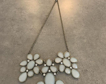 Brass Bib Statement Necklace Light Blue Cabochon And Rhinestones