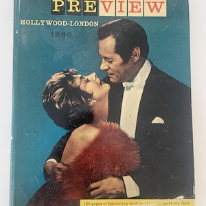 May include: Vintage "Preview" magazine cover from 1960, featuring a couple embracing. The cover has the text "PREVIEW" in red and white, with "HOLLYWOOD-LONDON 1960" below. The cover also states "160 pages of fascinating reading..." and "16 pages in full color."