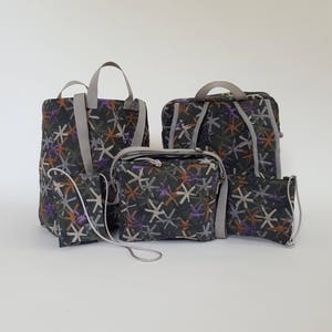 Matched Set, &quot;Central Park Meadow&quot; green, purple & gold brocade, Backpack, Crossbody, Passport Necklace, Zippered Clutch, Carryall, handmade
