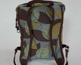 The Pro Backpack, "Walk Along the Thames" gold and brown on pale gray-green brocade, work/play, light-weight, washable, sturdy