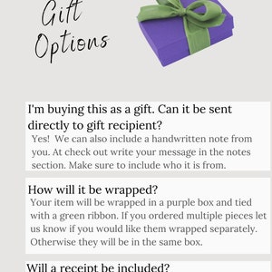 Puede incluir: Opciones de regalo para enviar un regalo directamente al destinatario. El regalo se envolver&aacute; en una caja morada con una cinta verde. Se puede incluir una nota escrita a mano. Se enviar&aacute; un recibo por correo electr&oacute;nico, pero no se incluir&aacute; con el regalo.