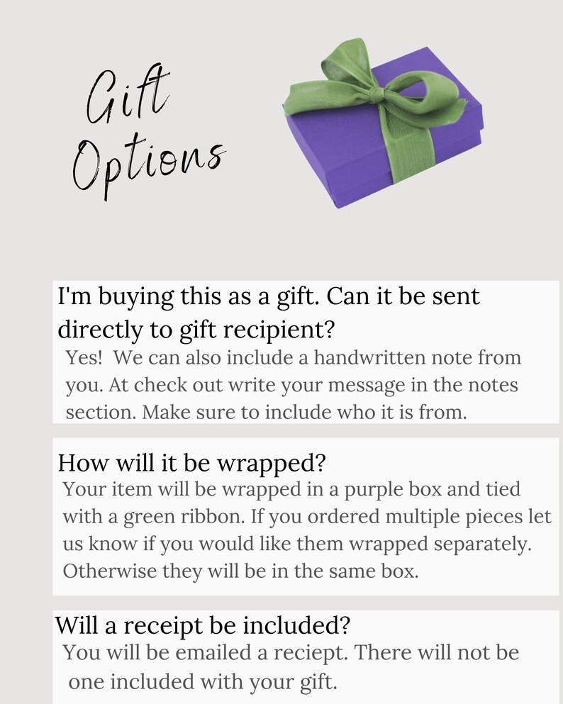 Puede incluir: Opciones de regalo para enviar un regalo directamente al destinatario. El regalo se envolver&aacute; en una caja morada con una cinta verde. Se puede incluir una nota escrita a mano. Se enviar&aacute; un recibo por correo electr&oacute;nico, pero no se incluir&aacute; con el regalo.
