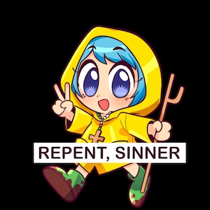 Könnte beinhalten: Eine Cartoon-Illustration eines Charakters mit blauen Haaren, der eine gelbe Kapuzenjacke und grüne Stiefel trägt. Die Figur hält einen Holzstab und zeigt das Friedenszeichen. Der Text "REPENT, SINNER" wird auf einem weißen Rechteck angezeigt.