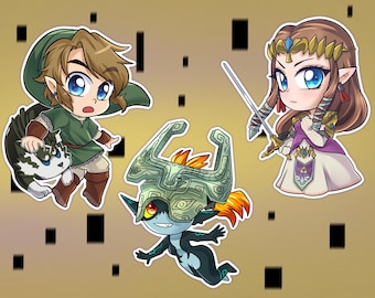 May include: A set of four cartoon stickers featuring characters from the Legend of Zelda video game series. The stickers are printed on a white background and feature Link, Zelda, and a creature from the game.