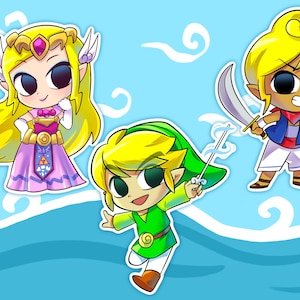 Puede incluir: Ilustración de tres personajes de dibujos animados de la serie The Legend of Zelda. La princesa Zelda con un vestido rosa, Link con una túnica verde y un tercer personaje con una espada. Todos los personajes están sobre un fondo azul con remolinos blancos.