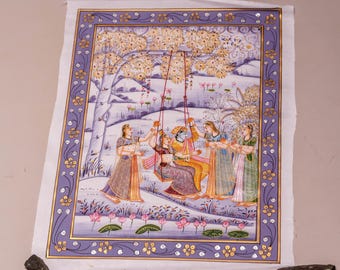 Artistic Hand Made Hand Painted color Madhubani Painting Shri Krishna and Gopis on Silk  decorate your altar, Krishna-style Altar 20" by 15"