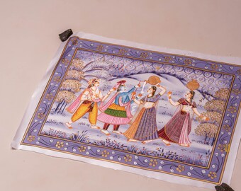 Artistic Hand Made Hand Painted color Madhubani Painting Shri Krishna and Gopi on Silk  decorate your altar, Krishna-style Altar 20" by 15"