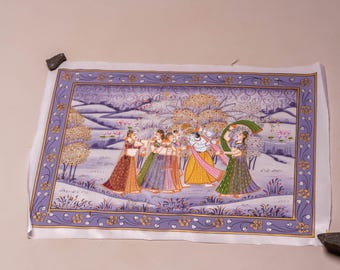 Artistic Hand Made Hand Painted color Madhubani Painting Shri Krishna and Gopis on Silk  decorate your altar, Krishna-style Altar 20" by 15"