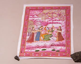 Artistic Hand Made Hand Painted color Madhubani Painting Shri Krishna and Gopi on Silk  decorate your altar, Krishna-style Altar 20" by 15"