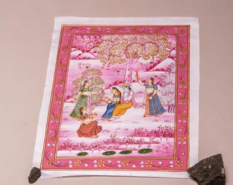 Artistic Hand Made Hand Painted color Madhubani Painting Shri Krishna and Gopis on Silk  decorate your altar, Krishna-style Altar 20" by 15"