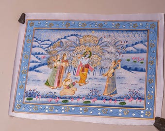 Artistic Hand Made Hand Painted color Madhubani Painting Shri Krishna and Gopi on Silk  decorate your altar, Krishna-style Altar 20" by 15"