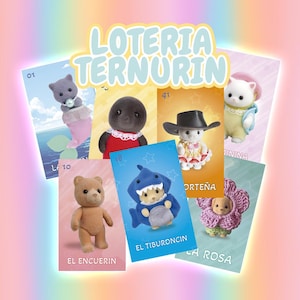 May include: A set of colorful cards featuring various animal characters from the Sylvanian Families toy line. The cards are part of a game called "Loteria Ternurin" and feature images of a cat, a bear, a shark, a flower, and a dog. The cards are designed with a playful and whimsical style.